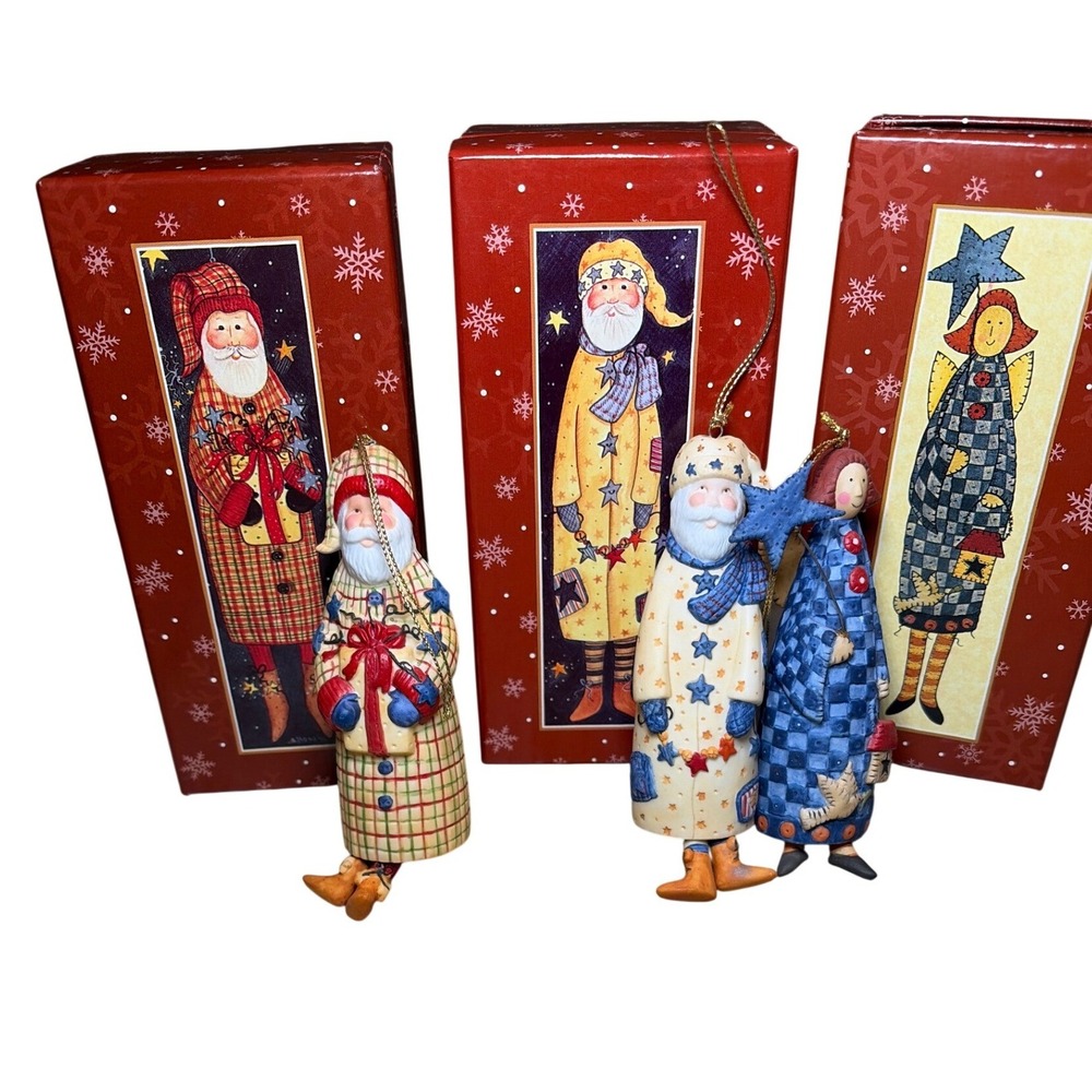 Lot (3) Lang & Wise Ellen Stouffer Ornaments Santa Star Ribbon Angel Blue Coat